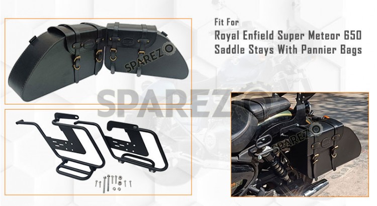 Fit For Royal Enfield Super Meteor 650 Leather Pannier Bags with Saddle Stays - SPAREZO